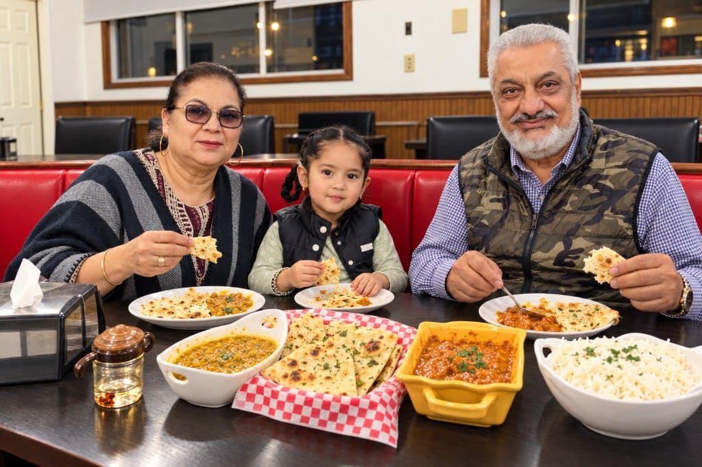 Grandparents and a child sharing naan, dal, curry, and rice at Hillview
