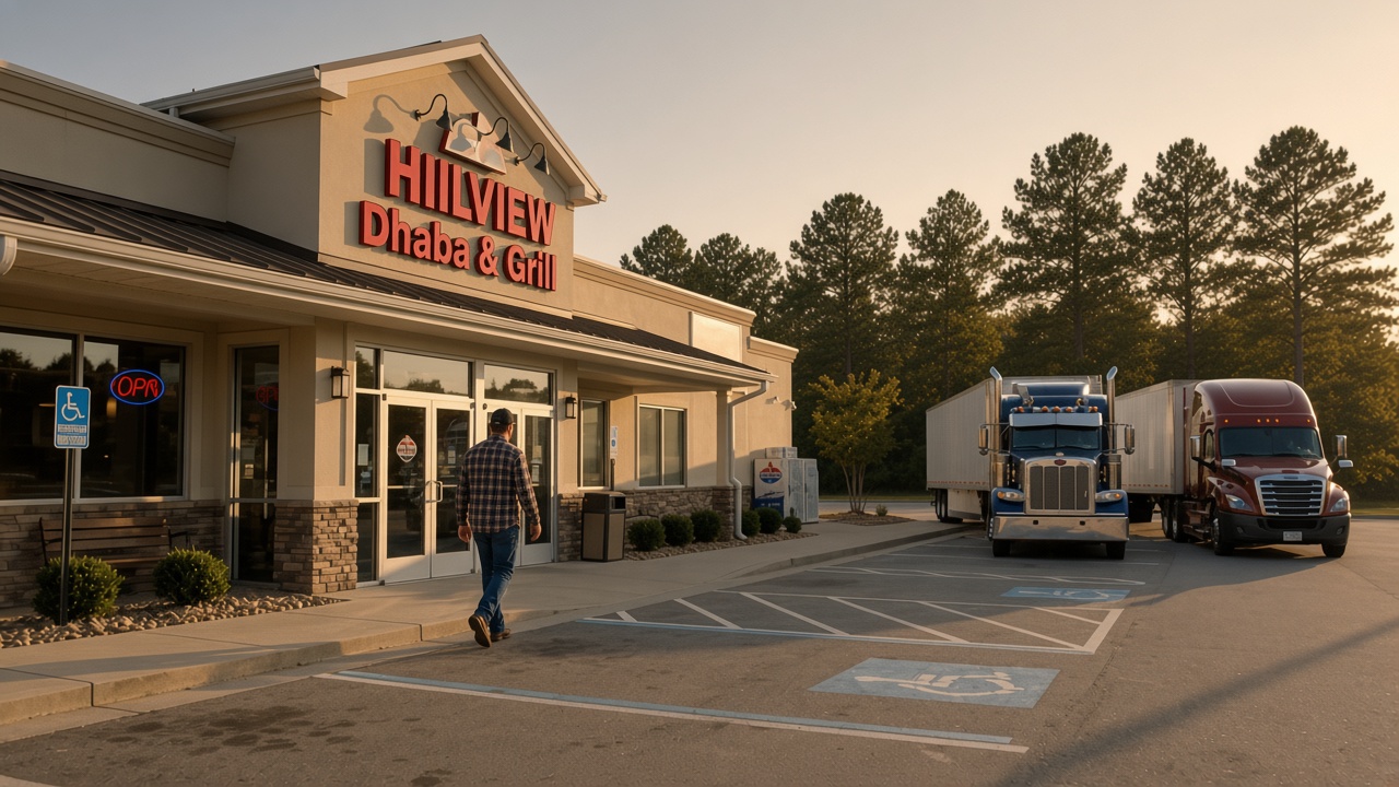 Semi trucks parked at a truck-stop restaurant with a driver heading inside